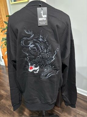 Niepce Japanese Black Embroidered Panther Crewneck Sweater New
